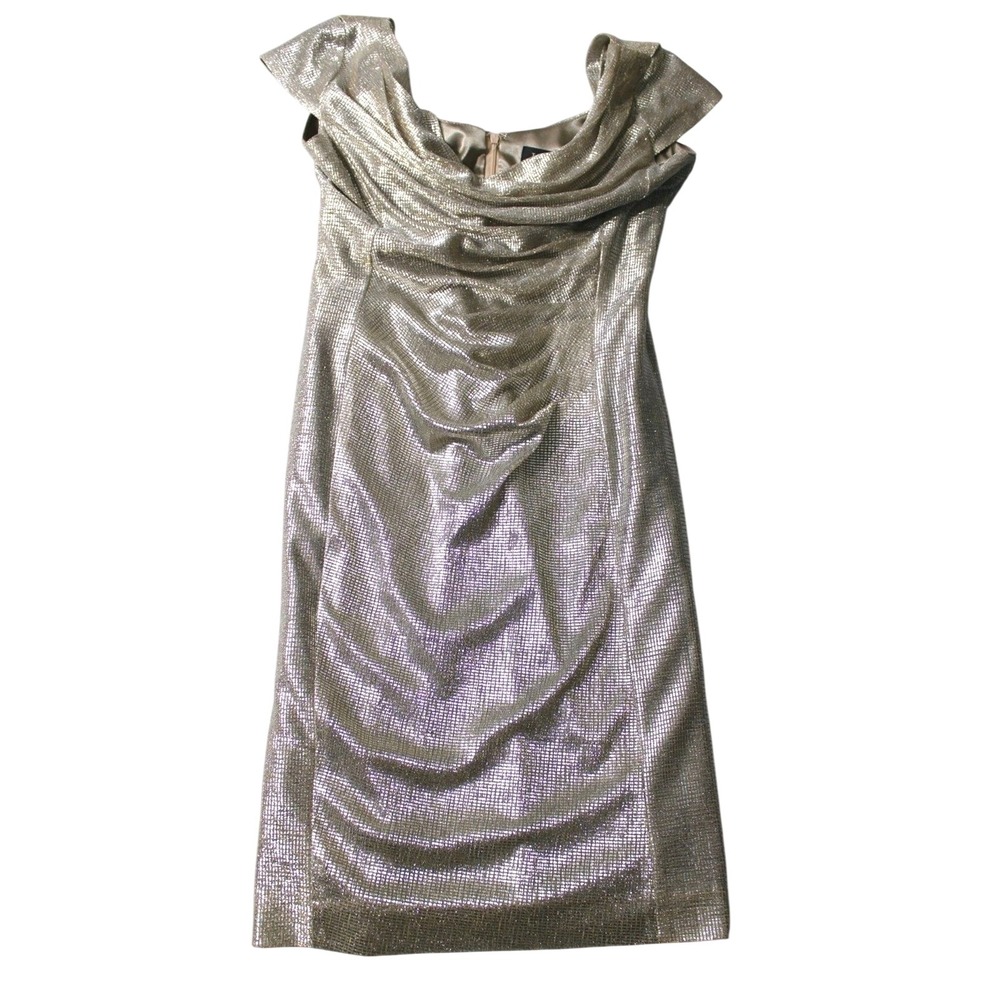 Tahari Cocktail Dress Women 6 Gold Metallic Cowl Neck Ruched Sheath‎ Glam Luxe